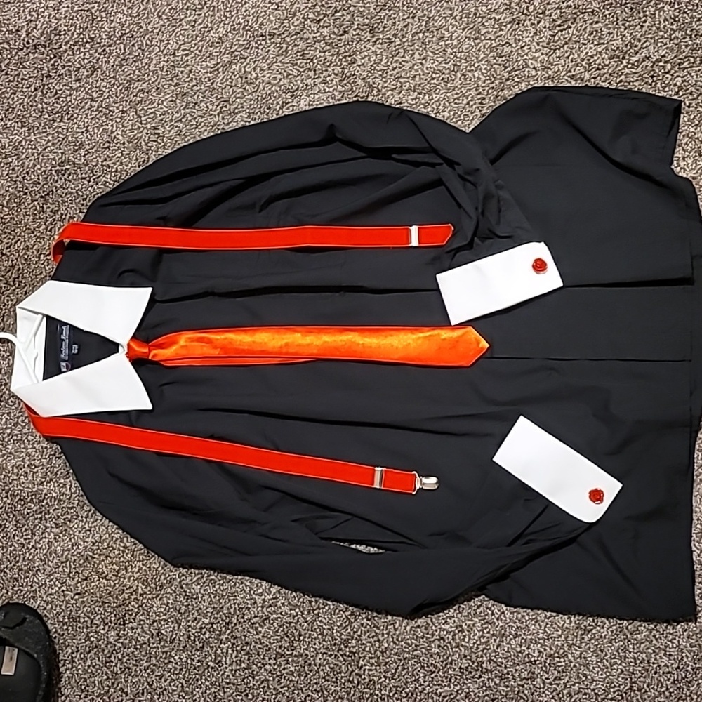 Black, white dress shirt w/ red tie suspenders and cuff links